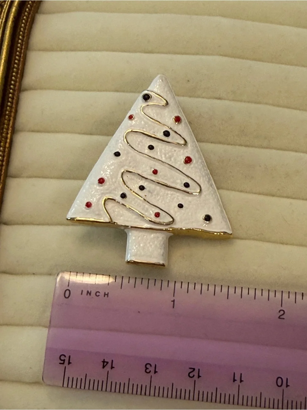 White Christmas Tree Brooch Pin Holiday Gold Trim Elegant Festive